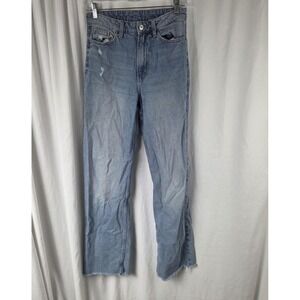 &DENIM Jeans Girls XL Light Wash High Rise Straight Raw Hem Distressed Denim
